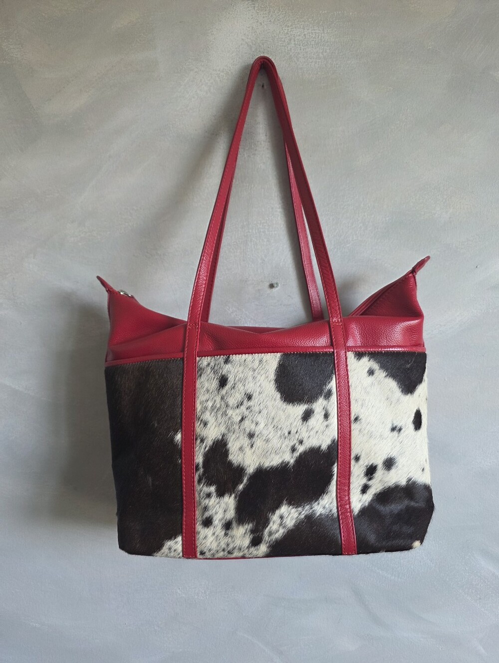 Red Leather Calf Hair Shoulder Bag Tote ili New York Western Boho Hippie 16x12x4